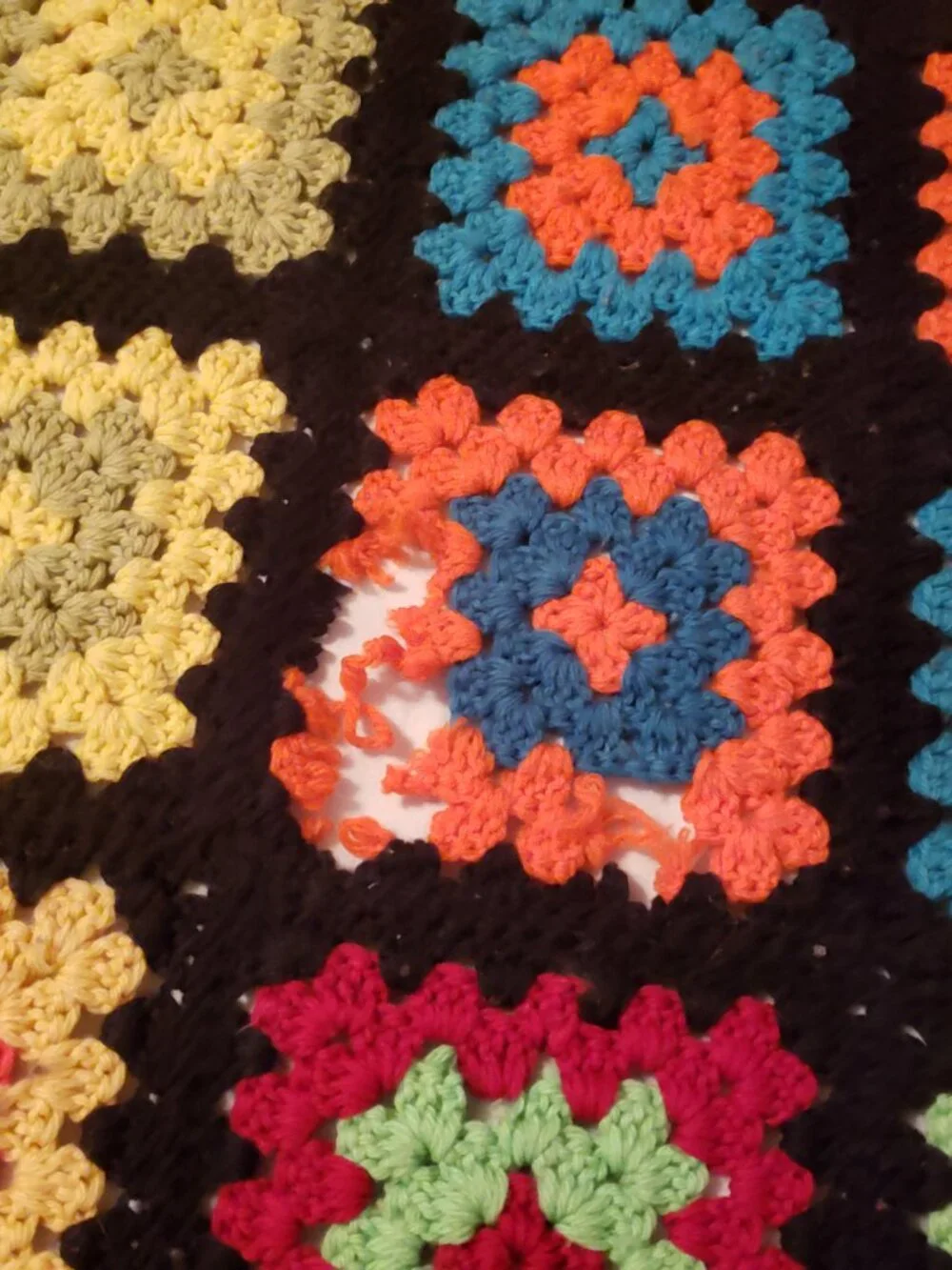Vintage Granny Square Afghan Black Rainbow Crochet Blanket 56x90 Handmade Throw